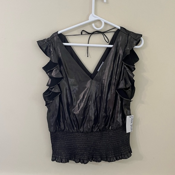 NINE WEST Black Shimmery Sleeveless V Neck Ruffled Top NWT - Picture 4 of 10